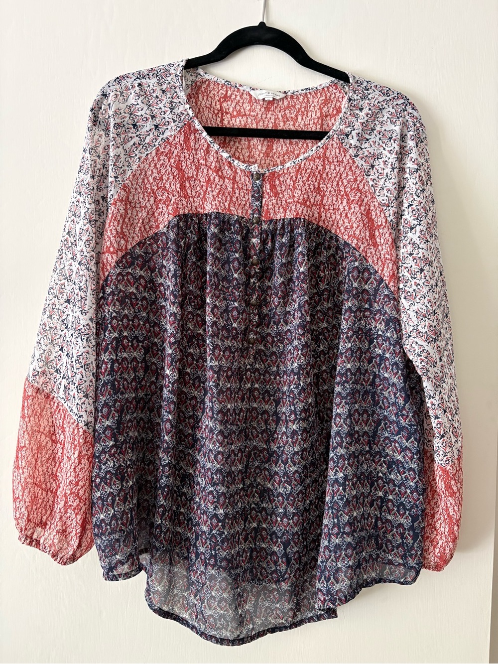 Lucky Brand Mixed-Print Peasant Tunic in Coral, Navy, White
